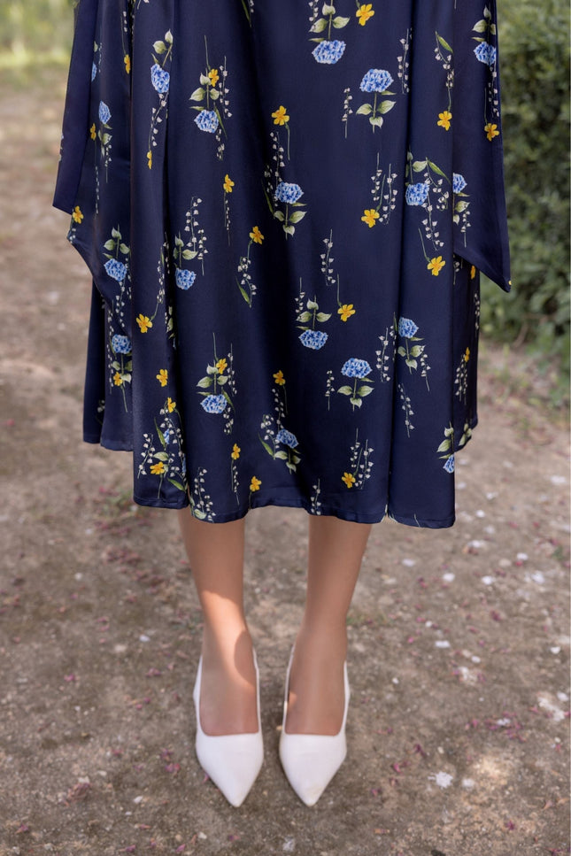 Meadow Dream women's midi dress maded from viscose and rayon with adjustable drawstring waist and elegant silhouette