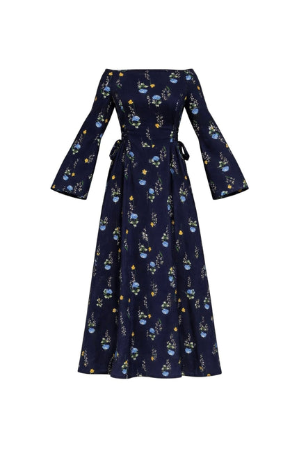 A navy blue off-the-shoulder maxi dress with long bell sleeves, a tie waist, and an all-over floral print, shown against a plain white background.