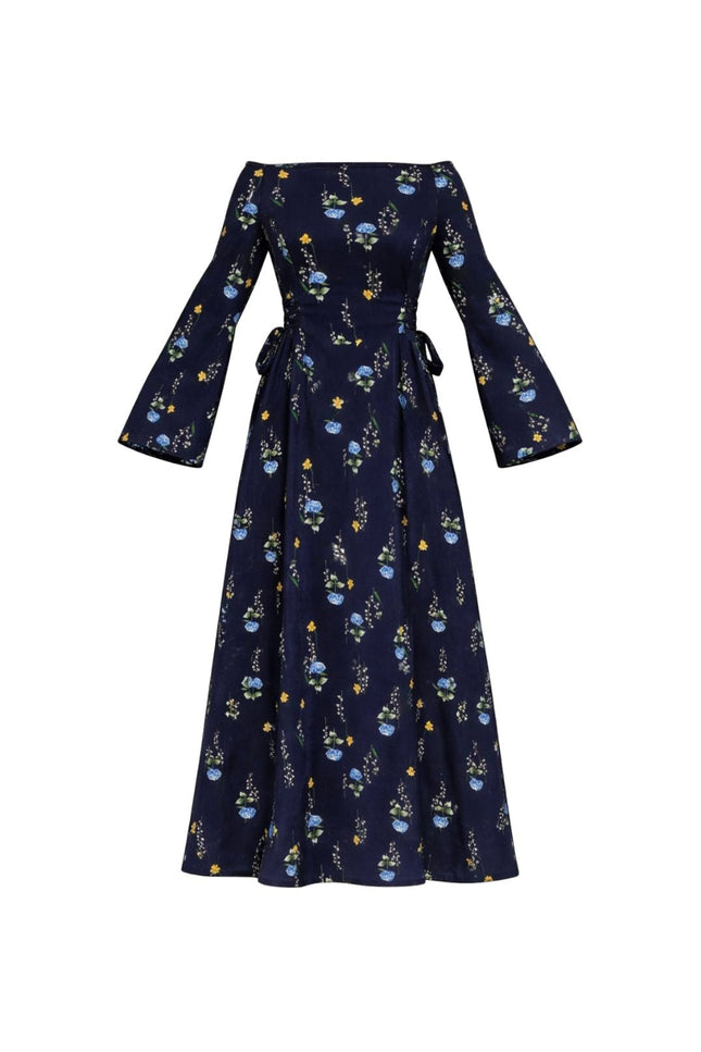 A navy blue off-the-shoulder maxi dress with long bell sleeves, a tie waist, and an all-over floral print, shown against a plain white background.