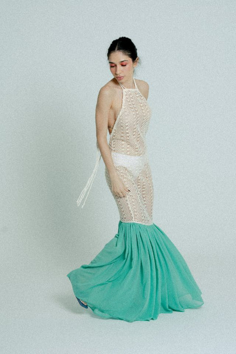 Relax baby be cool | Crochet Maxi dress sand and green