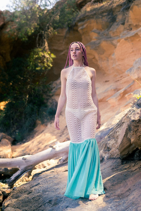 Relax baby be cool | Crochet Maxi dress sand and green