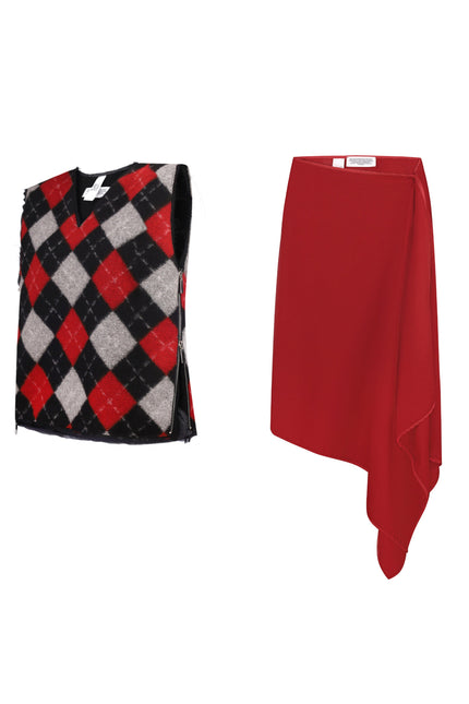 Wool Vest + Red Wool Asymmetrical Skirt