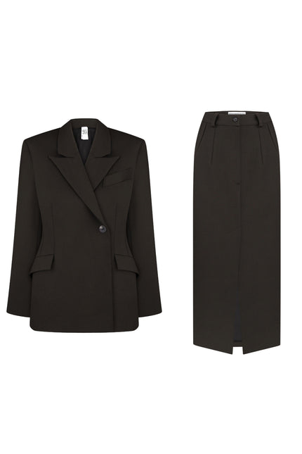 Black Tailored Blazer and Midi Skirt Suit