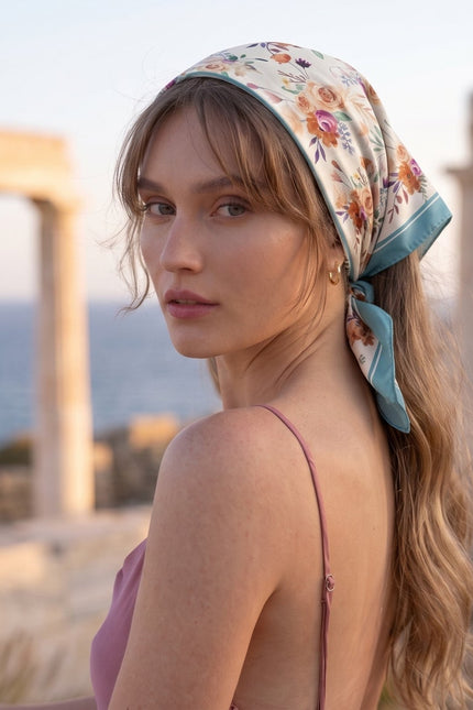 Rose Garden Double-Sided Silk Scarf - Light Blue