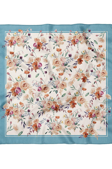 Rose Garden Double-Sided Silk Scarf - Light Blue