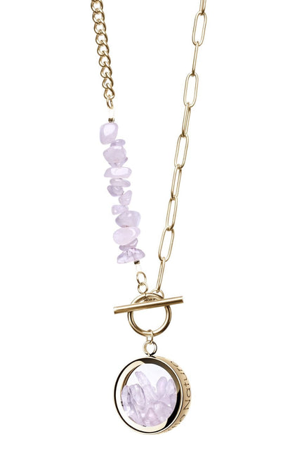 My Little Nature I Toggle Clasp Rose Quartz Gold Plated Necklace With Beaded Chain And Charm