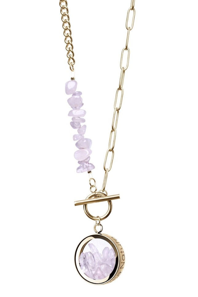 My Little Nature I Toggle Clasp Rose Quartz Gold Plated Necklace With Beaded Chain And Charm