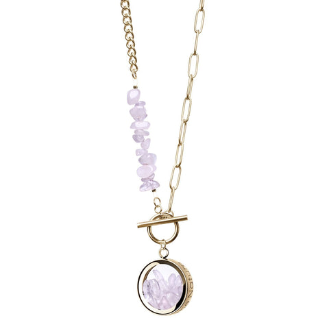 My Little Nature I Toggle Clasp Rose Quartz Gold Plated Necklace With Beaded Chain And Charm