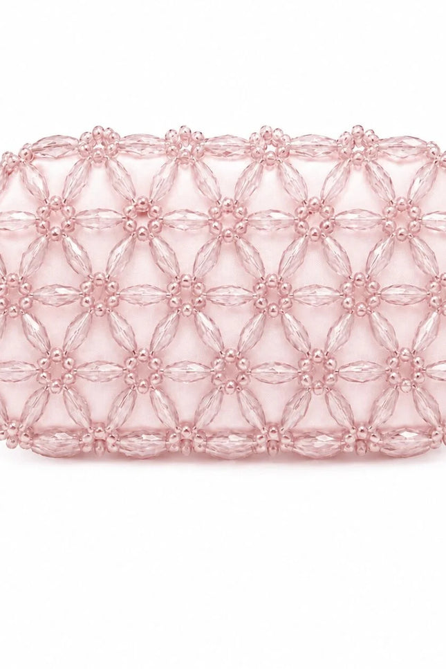 Atelier Emine Fresco Blush handcrafted crystal bag with 6 mm and 14 mm crystal beads, handle-free design, light-toned Crystal Gelato Couture evening bag.