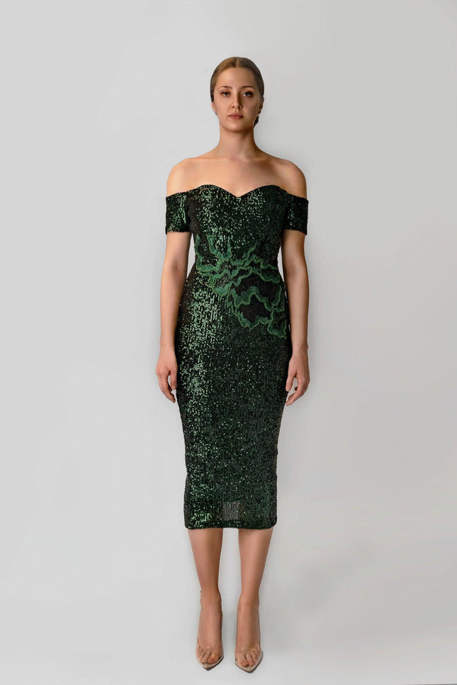 Anitabel | Sequin Off The Shoulder Midi Bodycon Dress With Beaded Waist Feature In Green