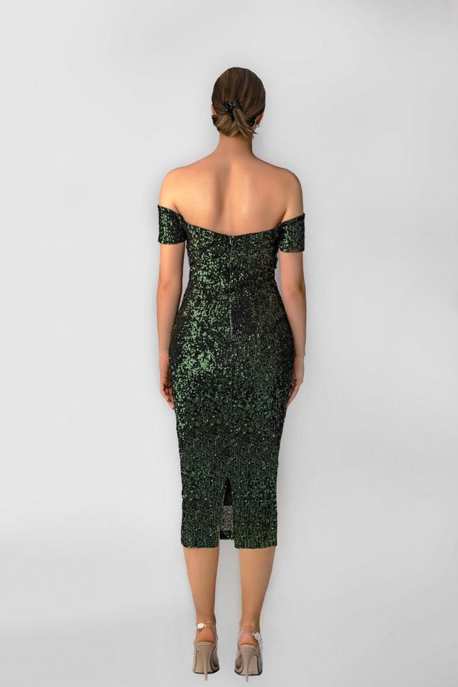 Anitabel | Sequin Off The Shoulder Midi Bodycon Dress With Beaded Waist Feature In Green