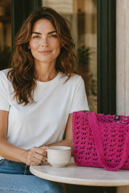 Springmoonatelier | Handmade Fuchsia Crochet Tote Bag – Large Shoulder Bag