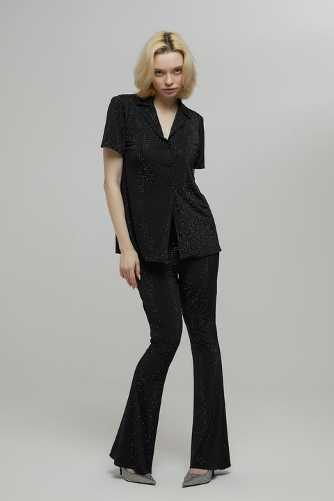 Petra Petrova | Crystal Stone Black Flare Trousers Nicole