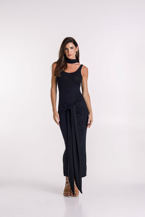 Say no more | Huda Glitter Black Maxi Tie Dress