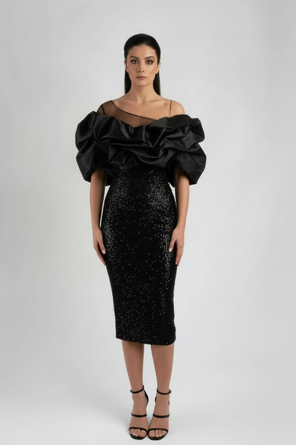 Structured Puffed Off Shoulder Dress In Black - ANITABEL