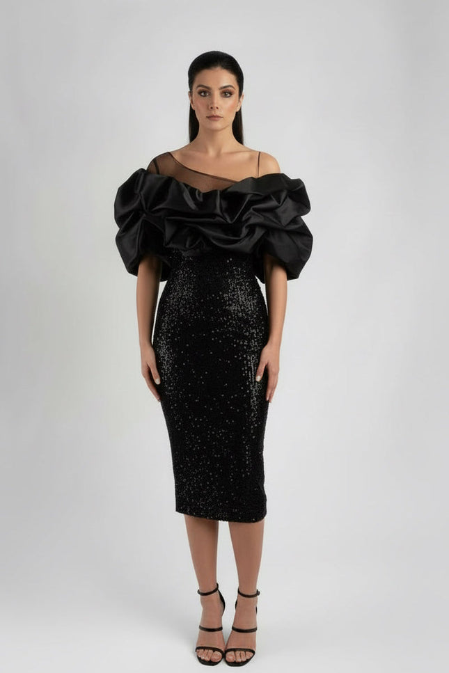Structured Puffed Off Shoulder Dress In Black - ANITABEL