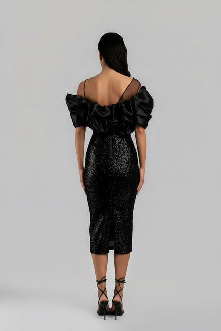 Structured Puffed Off Shoulder Dress In Black - ANITABEL