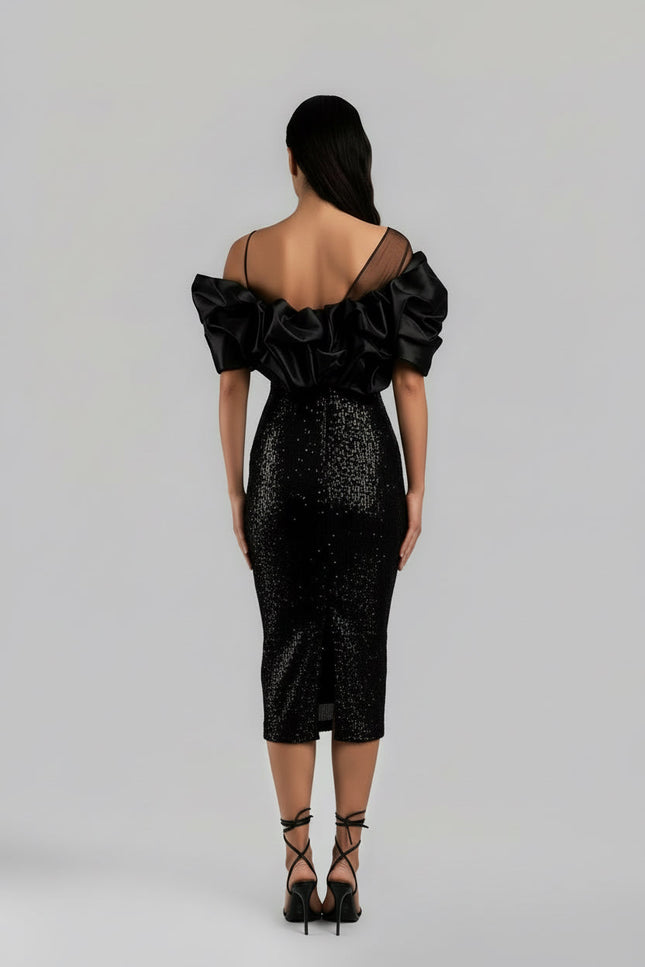 Structured Puffed Off Shoulder Dress In Black - ANITABEL
