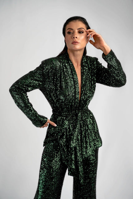 Anitabel | STRUCTURED SEQUIN HIGH LOW BLAZER WITH A DETACHABLE BELT IN GREEN