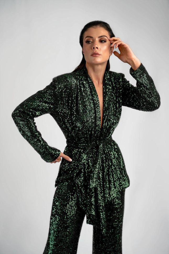 Anitabel | STRUCTURED SEQUIN HIGH LOW BLAZER WITH A DETACHABLE BELT IN GREEN