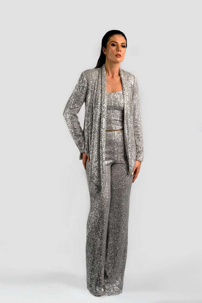 Anitabel | STRUCTURED SEQUIN HIGH LOW BLAZER WITH A DETACHABLE BELT IN SILVER