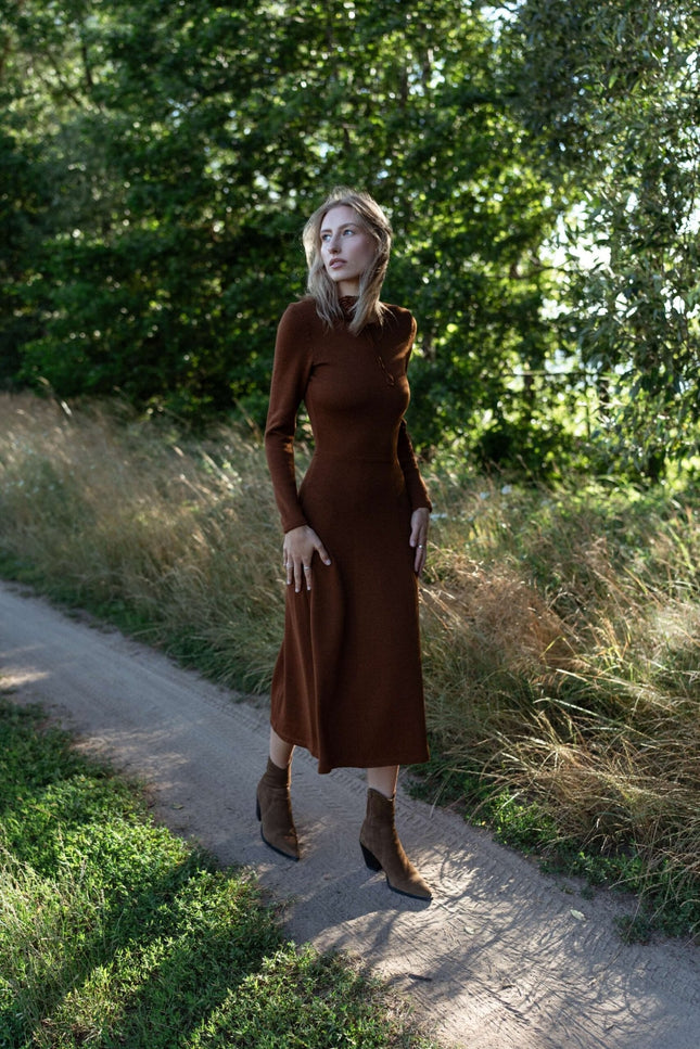 Monala | Knitted Merino Wool A-line Midi Dress in Chocolate