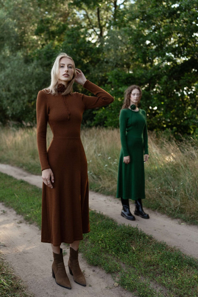 Monala | Knitted Merino Wool A-line Midi Dress in Forest