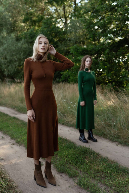 Monala | Knitted Merino Wool A-line Midi Dress in Forest