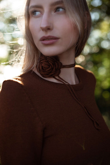 Monala | Knitted Merino Wool A-line Midi Dress in Chocolate