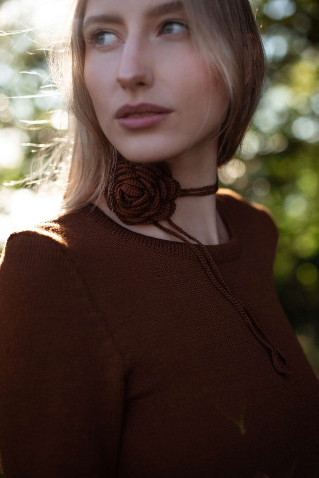 Monala | Knitted Merino Wool A-line Midi Dress in Chocolate