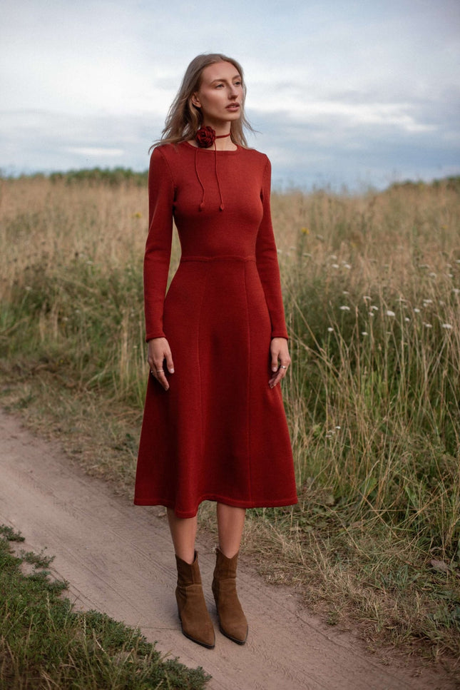 Monala | Knitted Merino Wool A-line Midi Dress in Chocolate