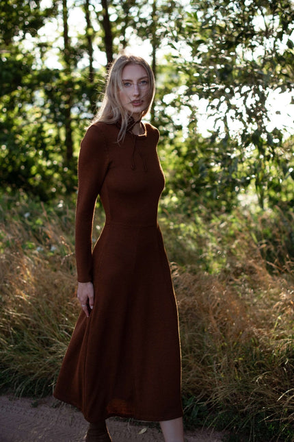 Monala | Knitted Merino Wool A-line Midi Dress in Chocolate