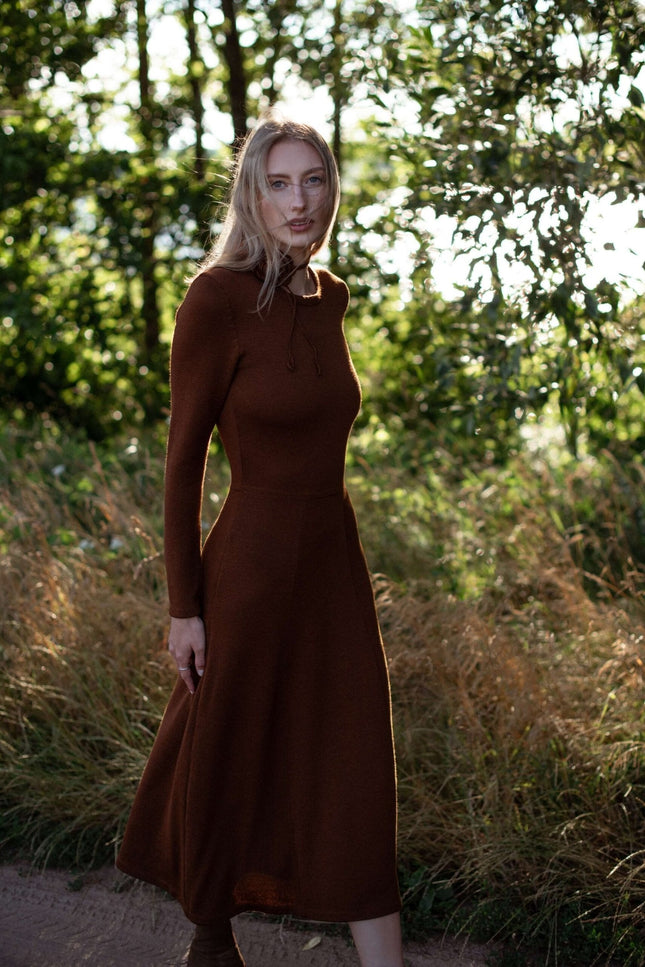 Monala | Knitted Merino Wool A-line Midi Dress in Chocolate