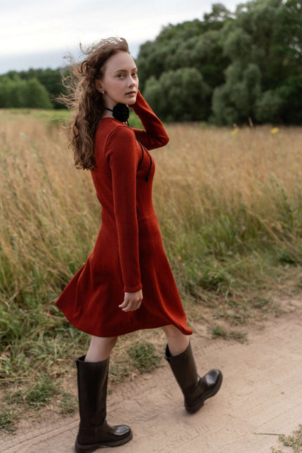 Monala | Mini Knitted Merino Wool A-line Dress in Rust