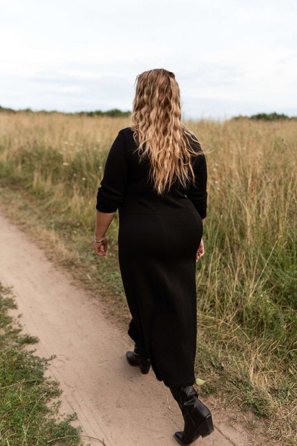 Monala | Knitted Merino Wool A-line Midi Dress in Black
