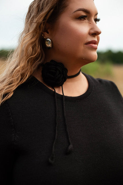 Monala | Knitted Merino Wool A-line Midi Dress in Black