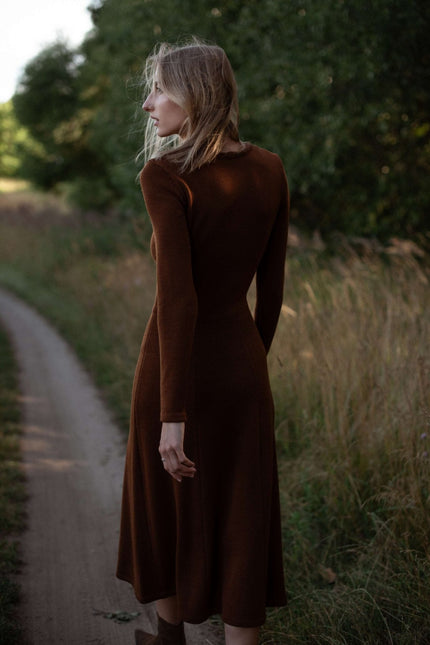 Monala | Knitted Merino Wool A-line Midi Dress in Chocolate