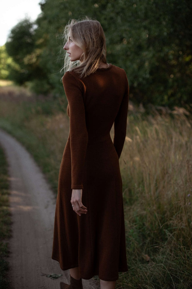 Monala | Knitted Merino Wool A-line Midi Dress in Chocolate