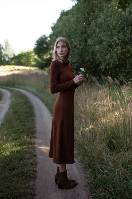 Monala | Knitted Merino Wool A-line Midi Dress in Chocolate