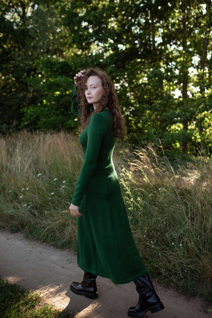 Monala | Knitted Merino Wool A-line Midi Dress in Forest
