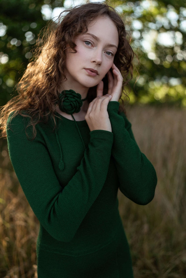 Monala | Knitted Merino Wool A-line Midi Dress in Forest