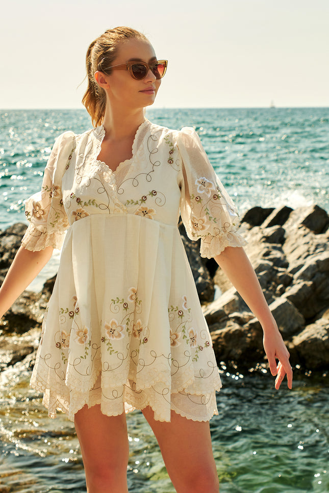 Petra Petrova I Beige Flower Embroidered Linen Dress Syndy