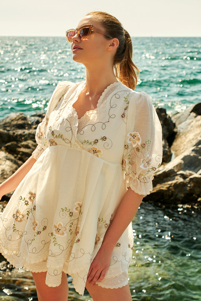 Petra Petrova I Beige Flower Embroidered Linen Dress Syndy