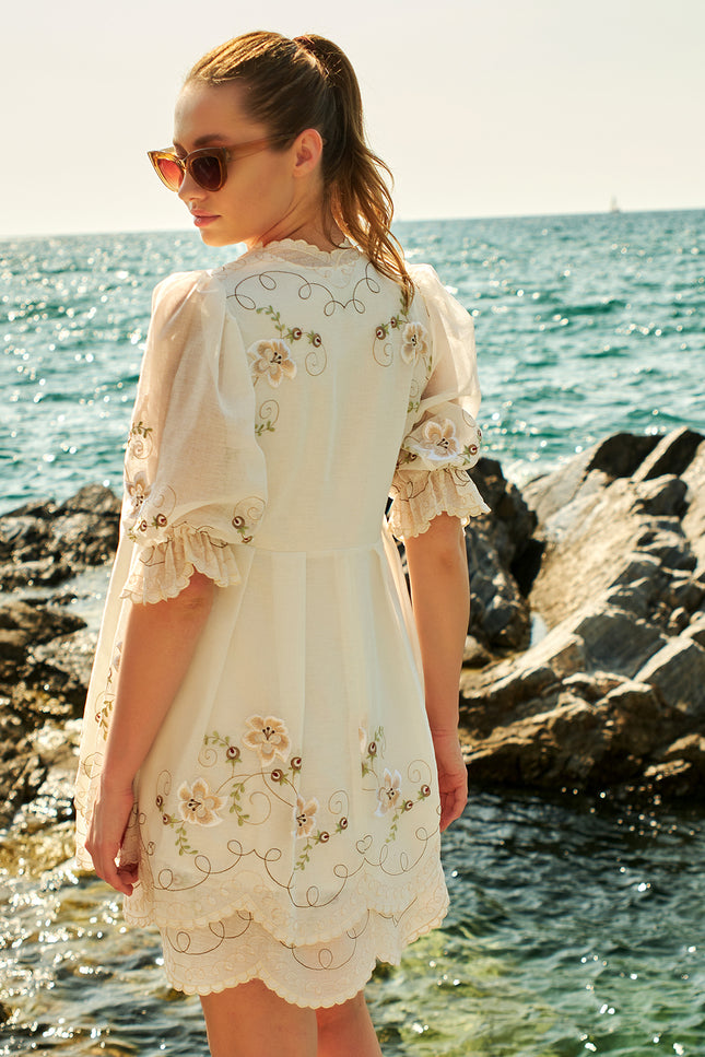 Petra Petrova I Beige Flower Embroidered Linen Dress Syndy