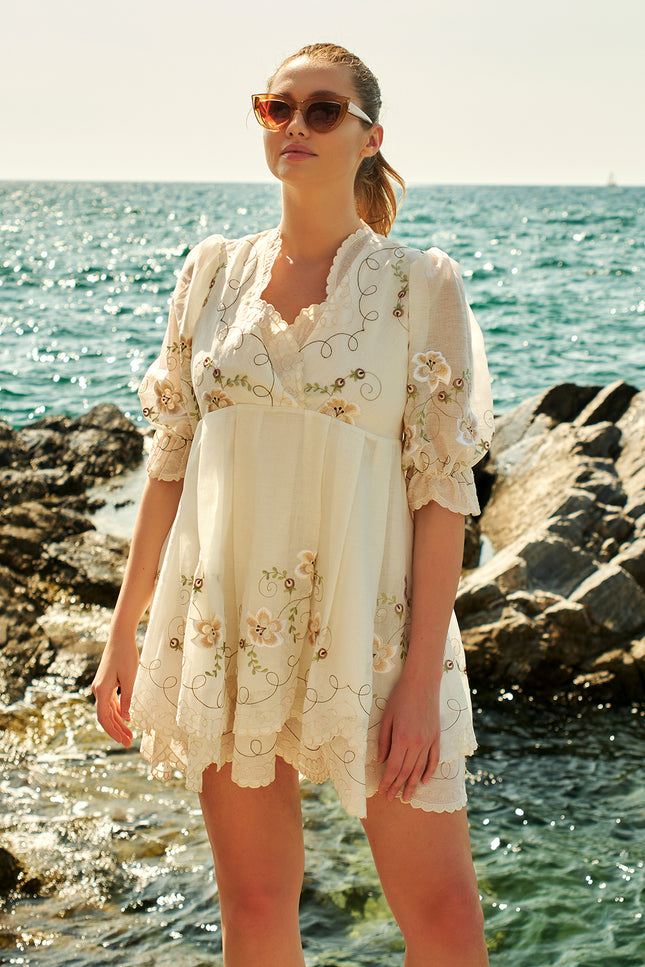 Petra Petrova I Beige Flower Embroidered Linen Dress Syndy
