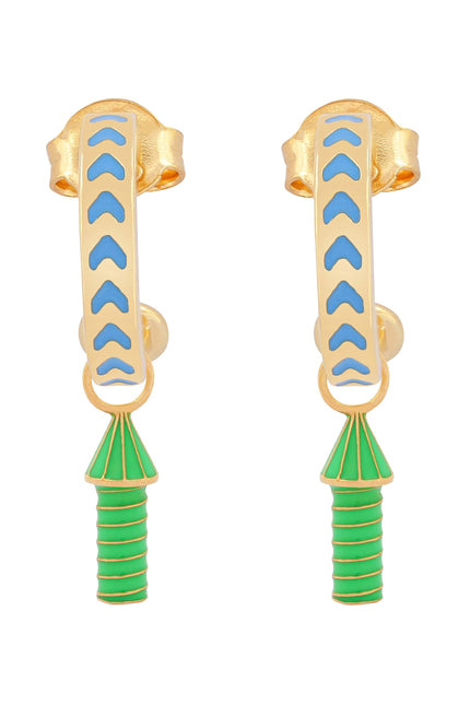 image of rocket enamel earrings in blue and green and gold on white background