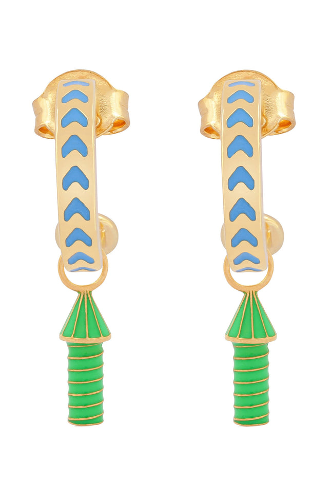 image of rocket enamel earrings in blue and green and gold on white background