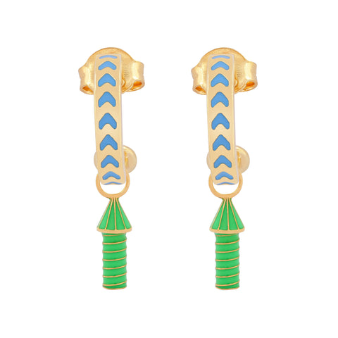 image of rocket enamel earrings in blue and green and gold on white background