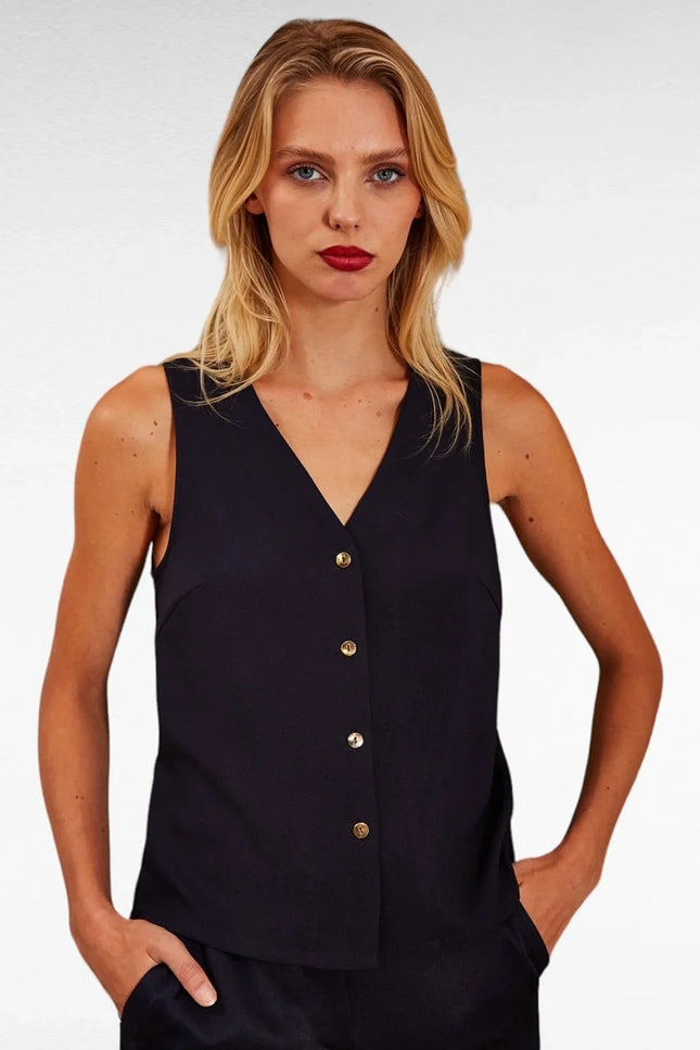 Jakson Sustainable Satin Back Crepe Waistcoat - Navy - Front