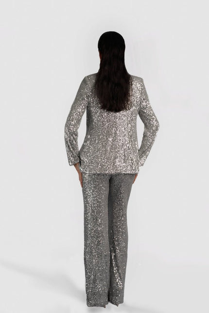 TIA SEQUIN STRAIGHT LEG PANTS IN SILVER - ANITABEL